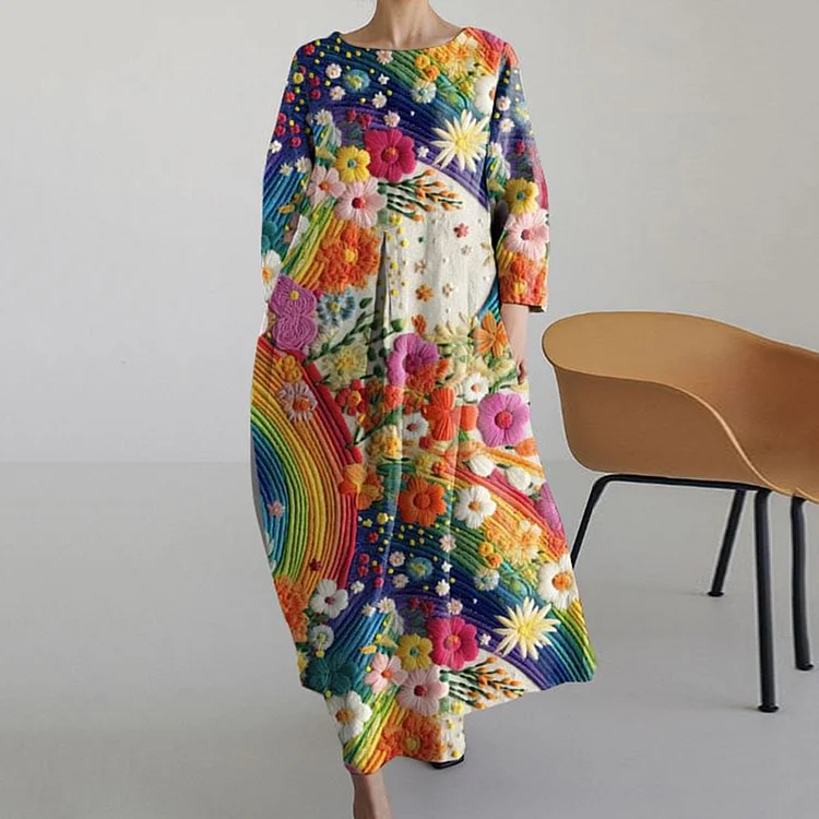 Comstylish Colorful Embroidered Floral Art Vintage Long Sleeve Midi Dress