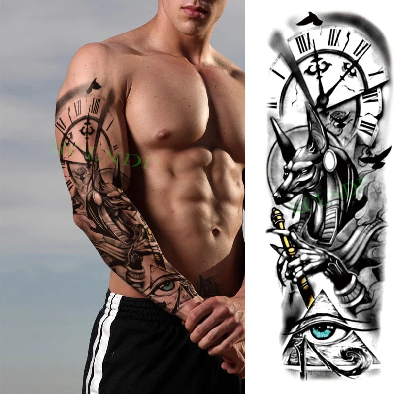 Waterproof Temporary Tattoo Sticker Anubis Ancient Egypt Dog Roma Clock Eye Full Arm Fake Tatto Flash Tatoo Sleeve for Men Women