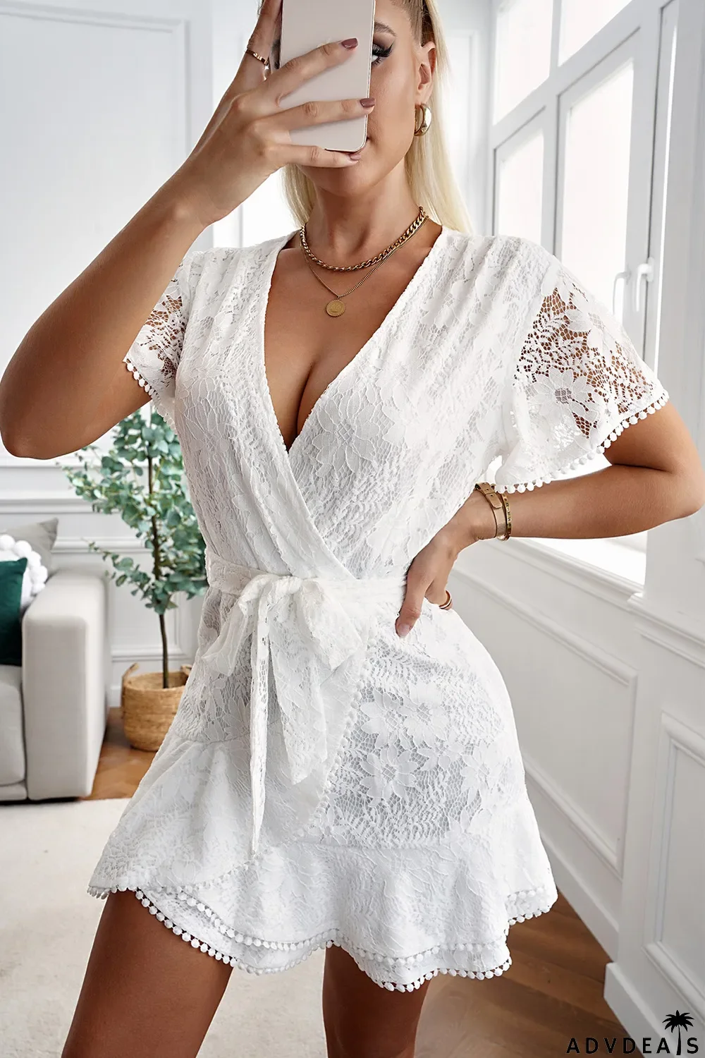 White Flutter Sleeve Wrap V Neck Floral Lace Short Dress