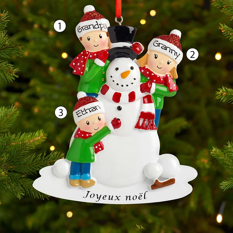 Ornement de décoration de sapin de Noël personnalisé avec 3 noms de famille - Bonhomme de neige de construction