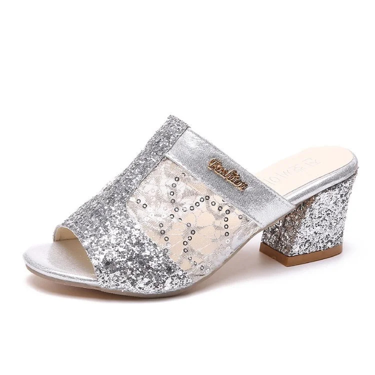 Churchf Churchf New Lady's Mesh Slippers High With Thick With Fish Mouth Hollow Out A Character Sequin Cool Drag Female