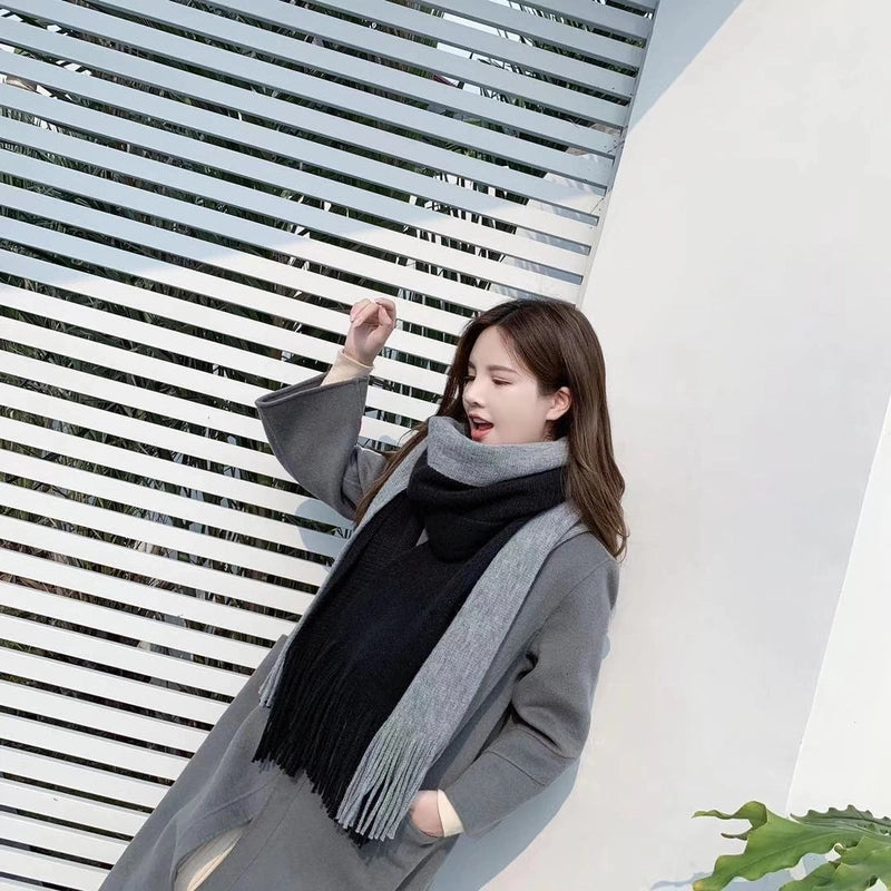 Imitation Cashmere Scarf Women’s Autumn And Winter Color-blocking Warm Japanese And Korean Style Couple Thickened Scarf Two-color Tassel Scarf
