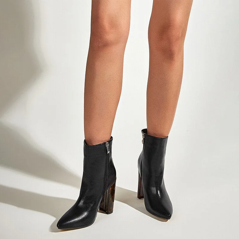 2021 European and American Fashion Black Stitching Thick Heel Pointed Short Boots Women's Sexy Mature Party Model High Heels