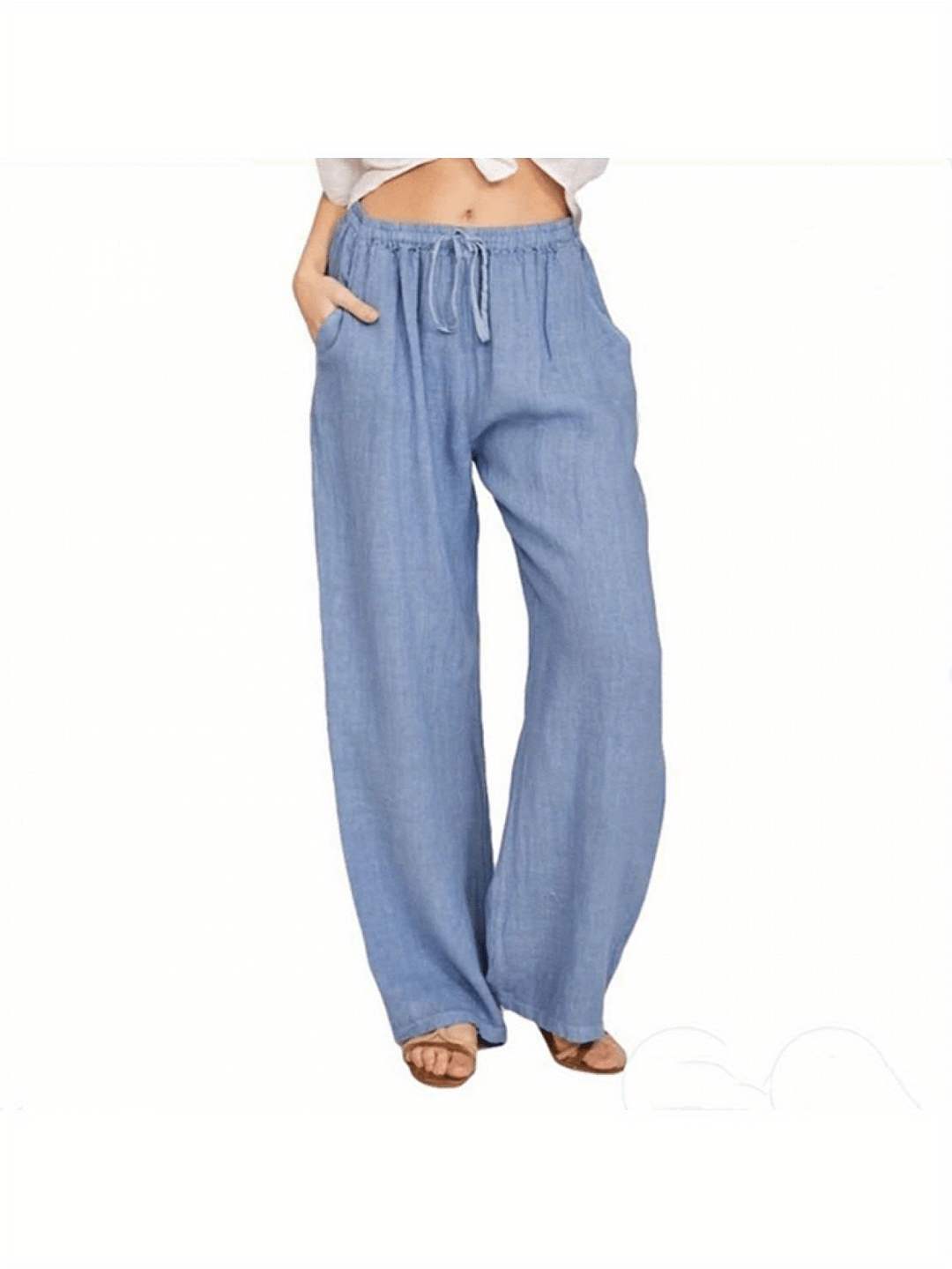 Women Loose Pants Solid Color Drawstring High Waist Trousers With Pockets For Spring Summer | IFYHOME
