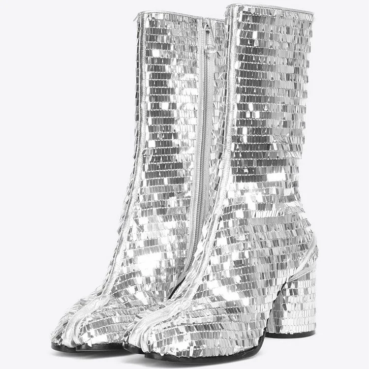 Silver Mirror Chunky Heel Boots  Portable Zipper Mid Calf Boots |FSJ Shoes