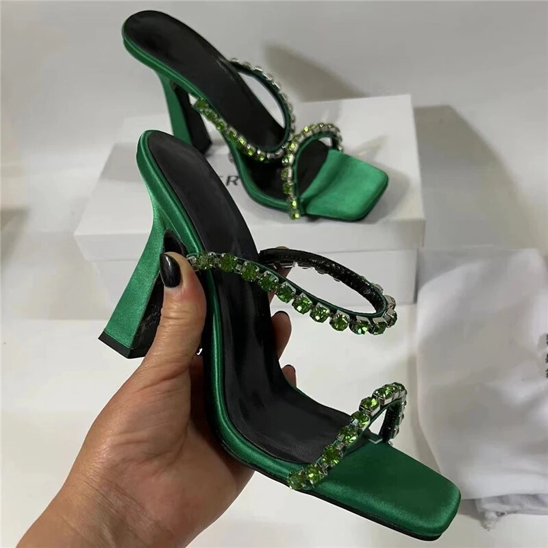 VCSHOES Rhinestone Chains Narrow Band Sandals Women Satin High Heel Slingbacks Open Toe Crystal Party Shoes