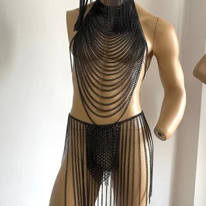 Pornhint Black Chain Dress, Men Festival Costume, Halloween,  Cuban Body Chain Set, Costum Cosplay, Fetish