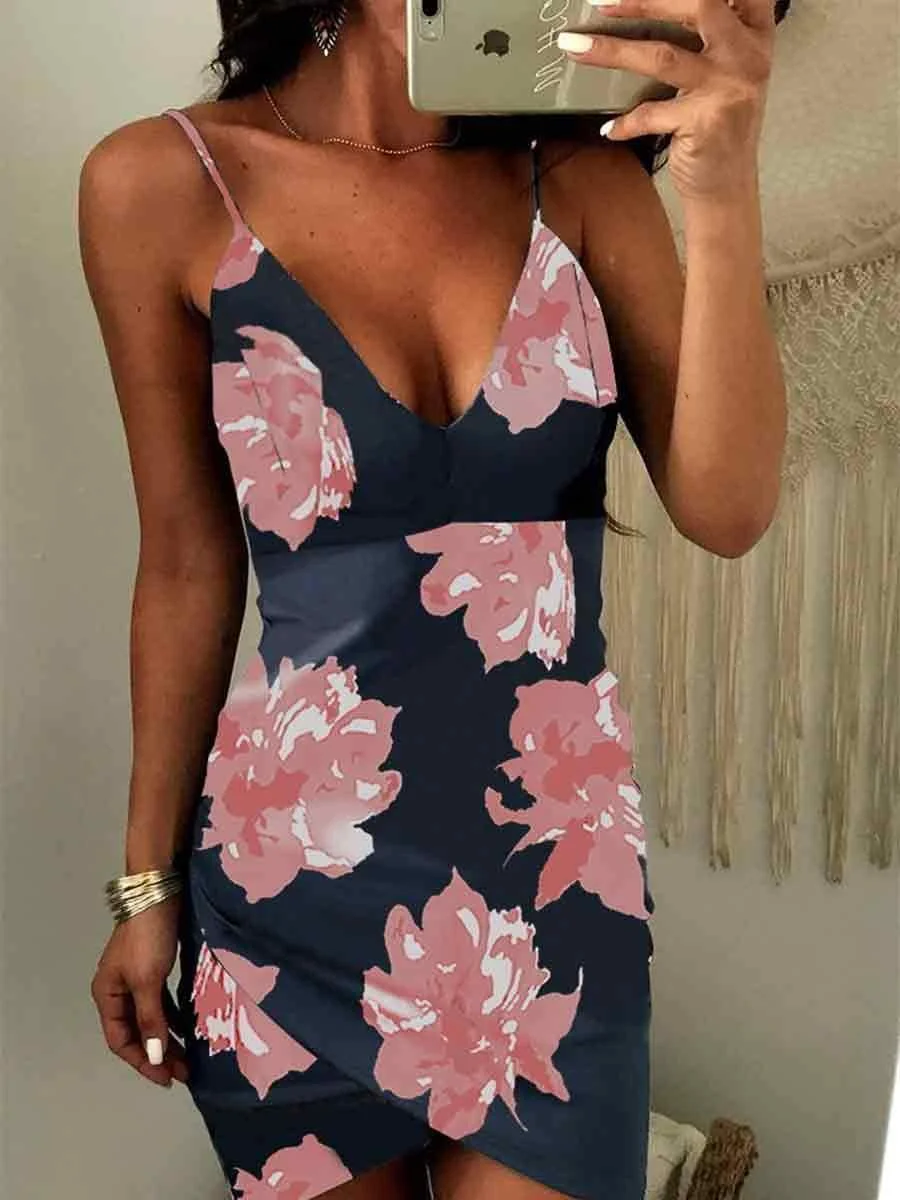Strap V-Neck Irregular Hem Floral Bodycon Dress