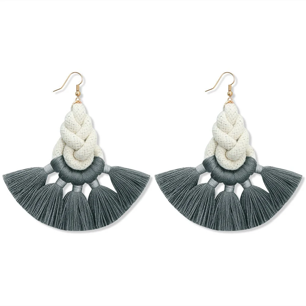Dvacaman Ethnic Handmade Weave Macrame Earrings Cotton Thread Feather Fringe Tassel Earrings Wedding Jewelry Women Accessories