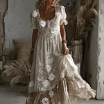 Women's Vintage White Rose Embroidery Linen Round Neck Dress - Image 2
