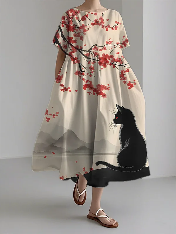 Women's Japanese Cherry Blossom Black Cat Print Short Sleeve Dress