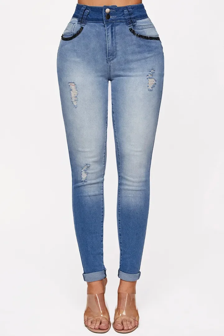 Women's High Elastic Jeans High Waist Skinny Denim Jeans Blue High Rise Jeans for Ladies