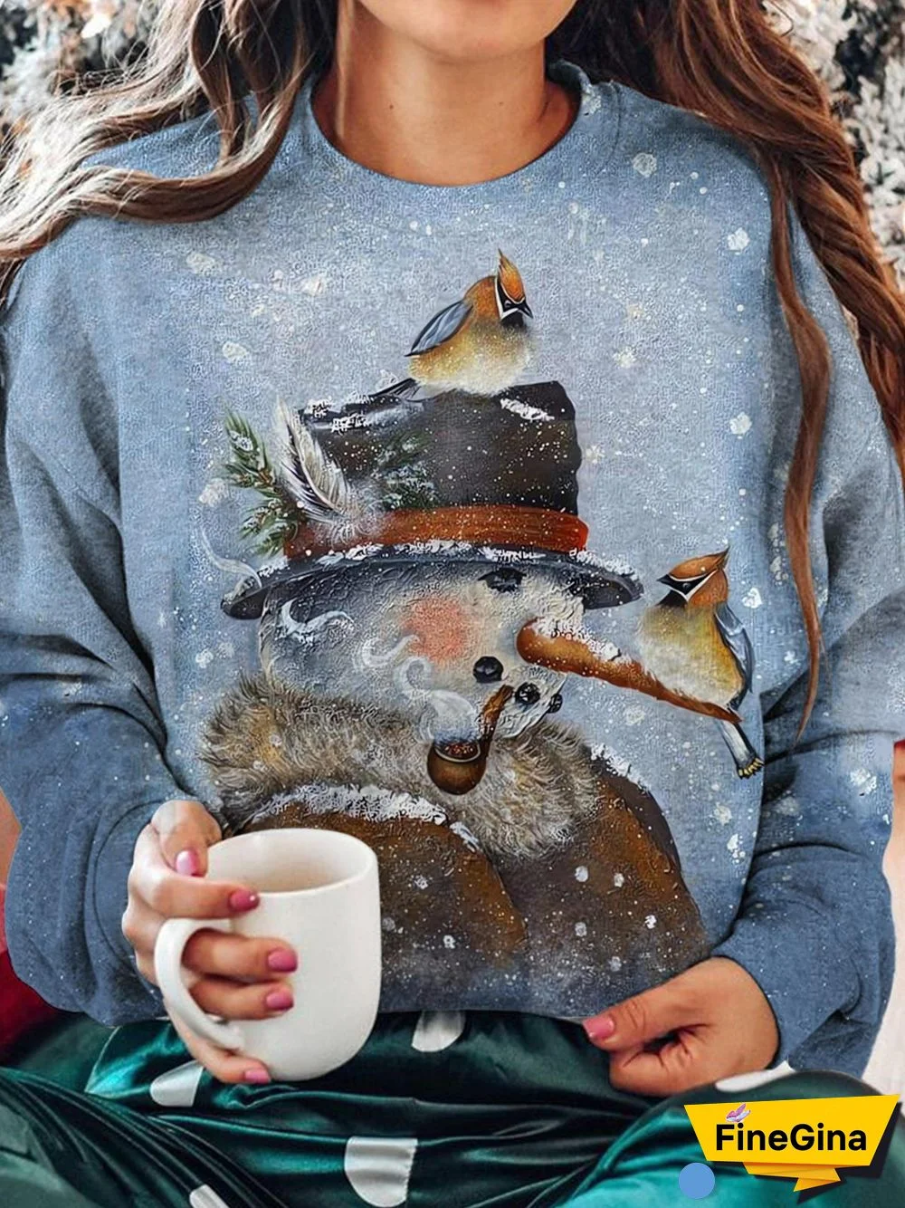 Vintage Snowman Print Long Sleeve Casual Top