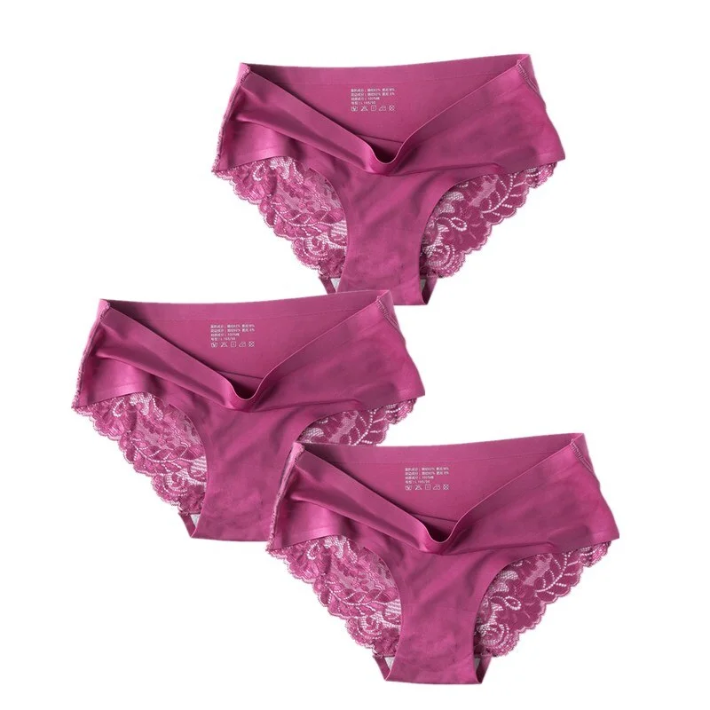 3 Pcs/Set Sexy Seamless Panties Women Lace Underwear Briefs Low Rise Ladies Silk Plus Size Solid Soft Transparent Panty Lingerie