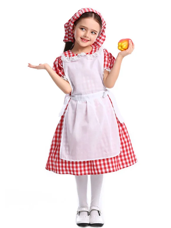 Red Maid Cotton Apron Dress with Hat Carnival Costume for Kids Novameme