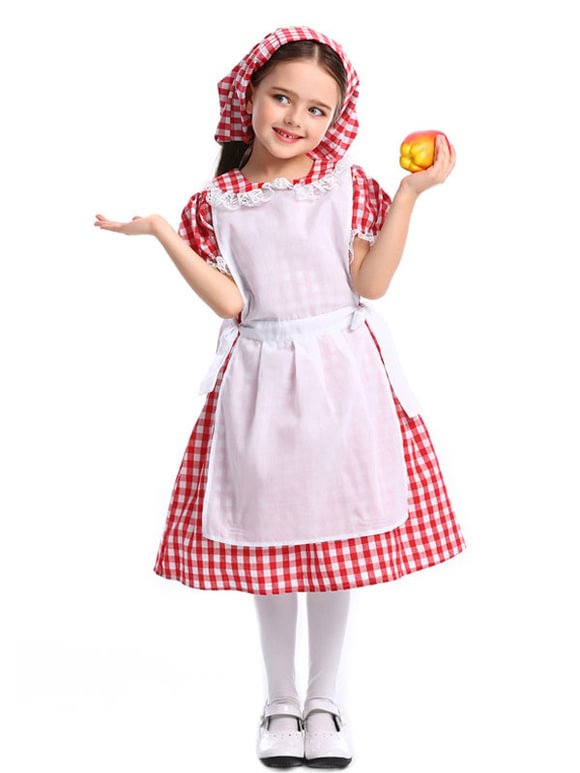 Red Maid Cotton Apron Dress with Hat Carnival Costume for Kids Novameme