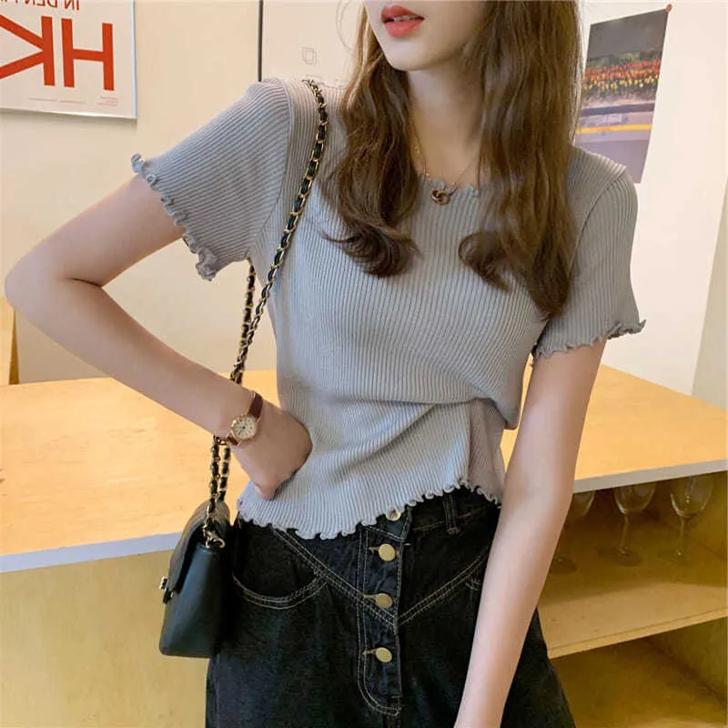 T-shirts Women Summer Lovely Korean Preppy Style Basic Edible Tree Fungus Sweet Girl Solid Tops Thin Knitted Short Sleeve Skinny