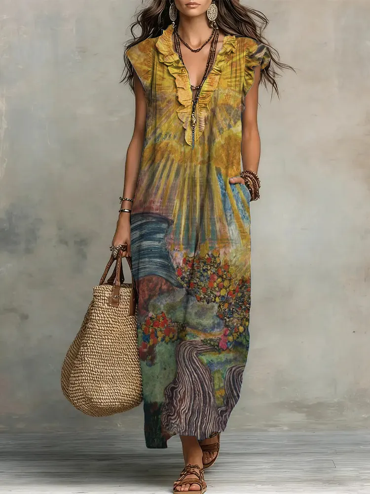 Vintage Oil Painting-style Cotton-linen Ruffled Dress