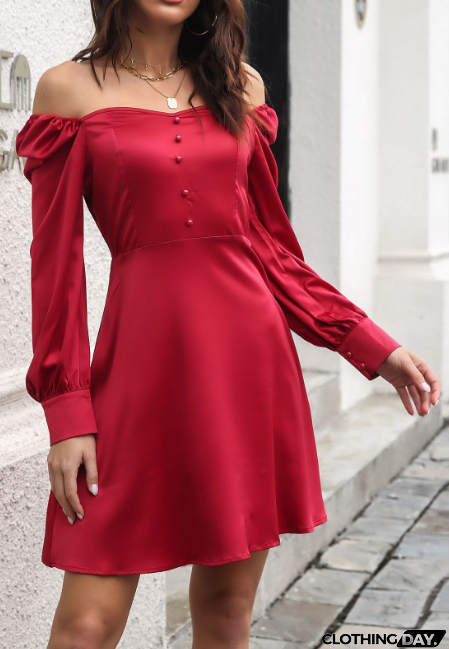 Elegant Solid Color Puff Sleeve Long Sleeve High Waist Dress