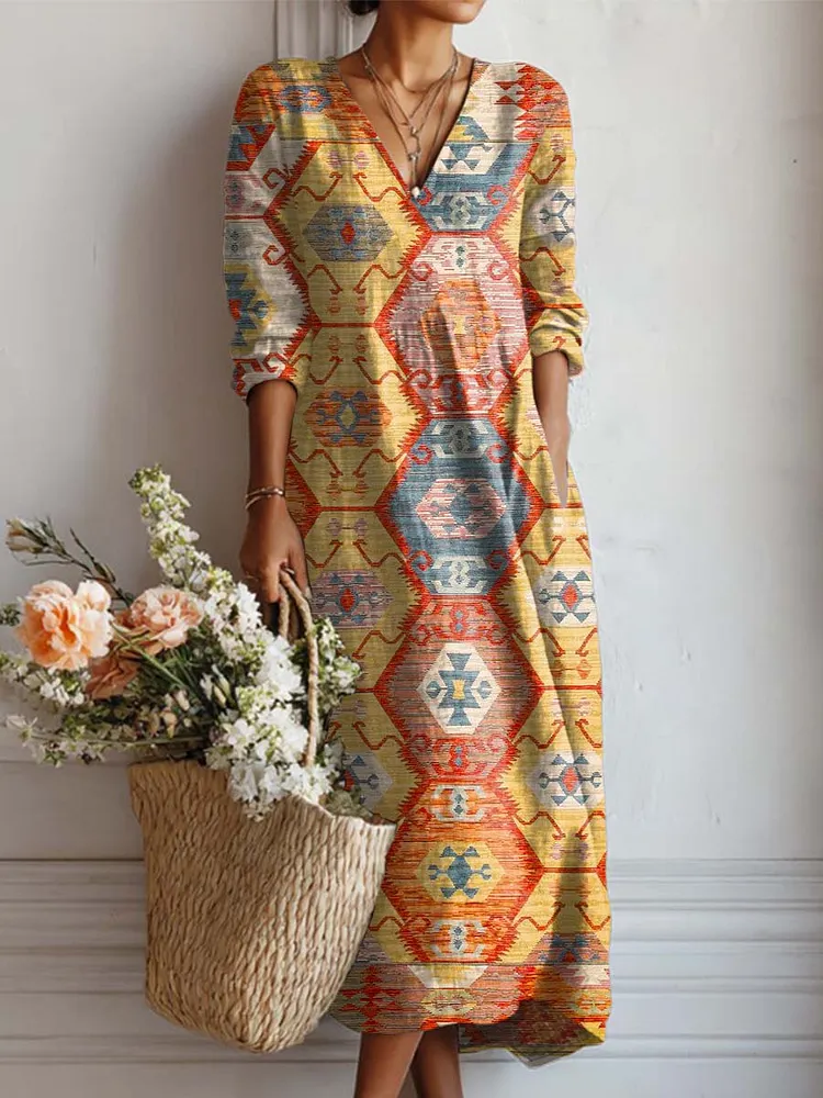 Women's Vintage Pattern Art Print Casual Cotton And Linen Pocket Dress
