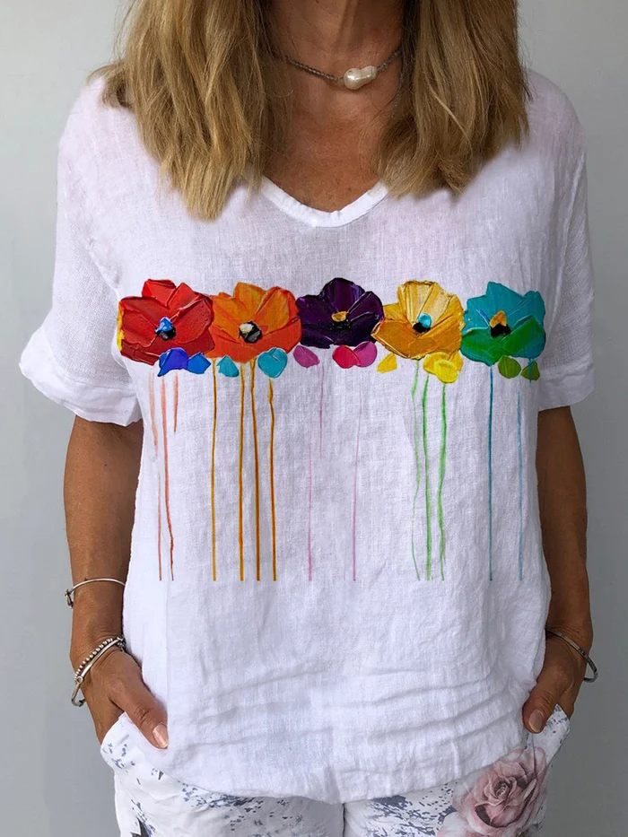 Rainbow Flowers Oil Painting V Neck Tunic