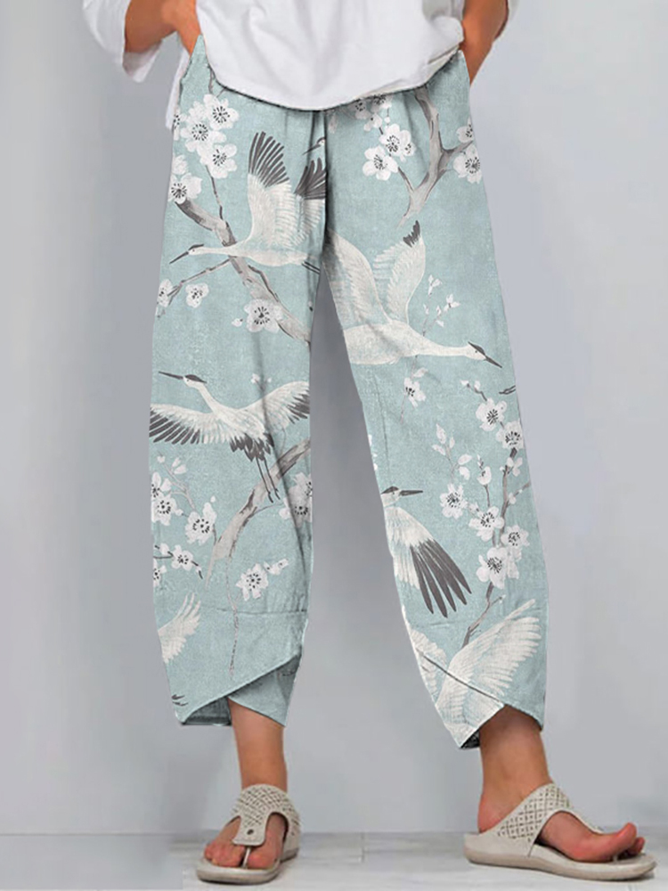 Comstylish Vintage Floral And Crane Print Loose Casual Pants