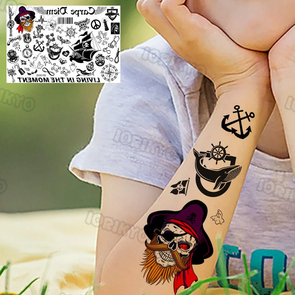 Death Skull Pirate Temporary Tattoo For Children Kids Face Men Boys Women Tattoos Sticker Fake Funny Tatoo Anchor Captain