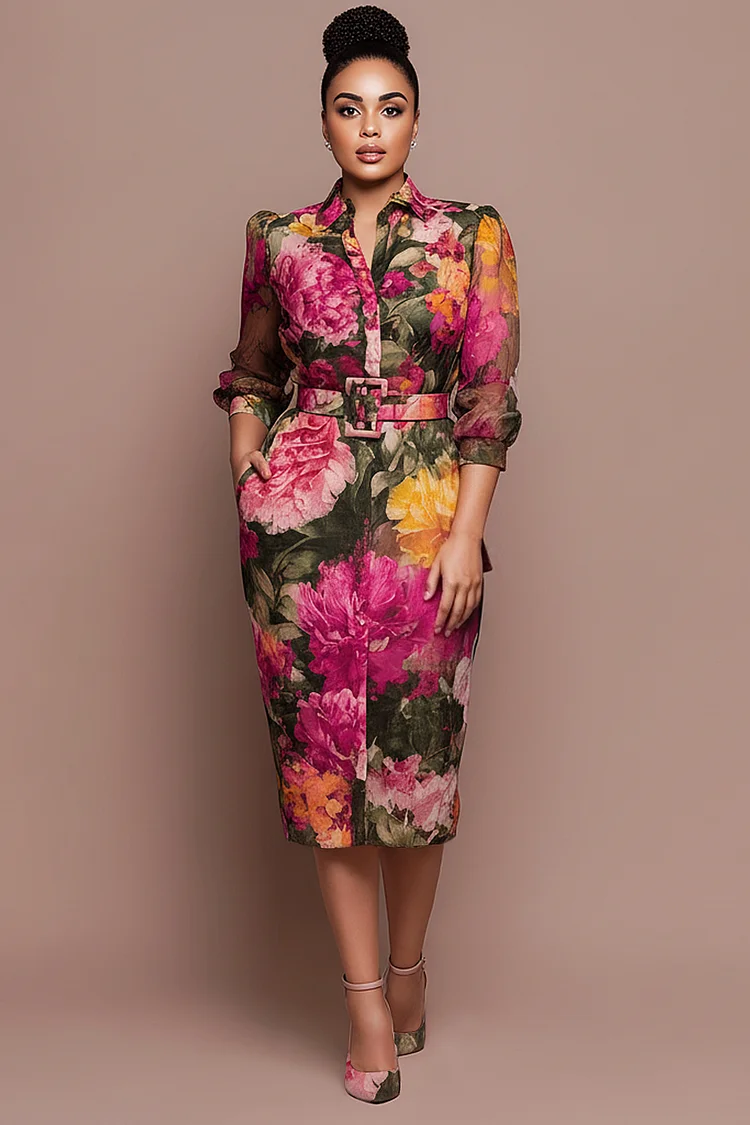 Xpluswear Design Plus Size Cocktail Party Multicolor Floral Shirt Collar Short Sleeve Pocket Midi Dresses [Pre-Order] 2024 - Xpluswear
