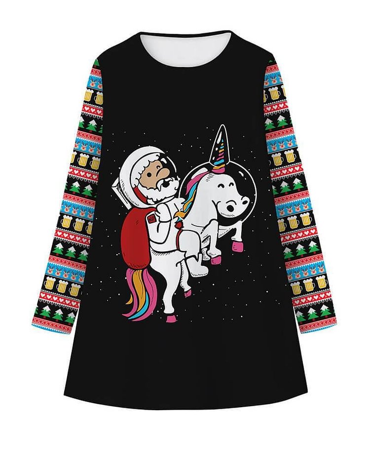 Mayoulove Santa Claus On Unicorn In Space Girls Christmas Long Sleeve Dress-Mayoulove