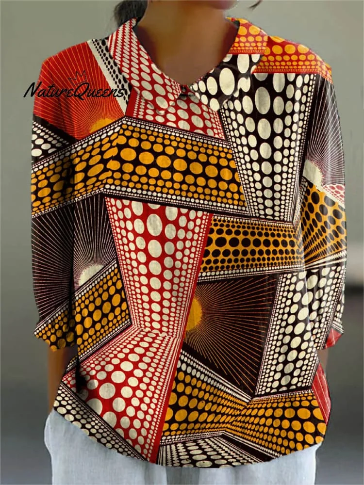 Women's Abstract Geometric Pattern Art Print Casual Cotton And Linen 3/4 Sleeve Shirt