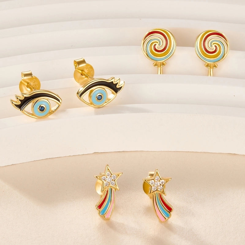 1 Pair 925 Sterling Silver Zircon Rainbow Devil’S Eye Candy Ear Studs