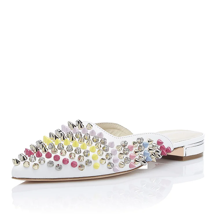 White Pointed Toe Flat Mules with Multicolor Rivets |FSJ Shoes