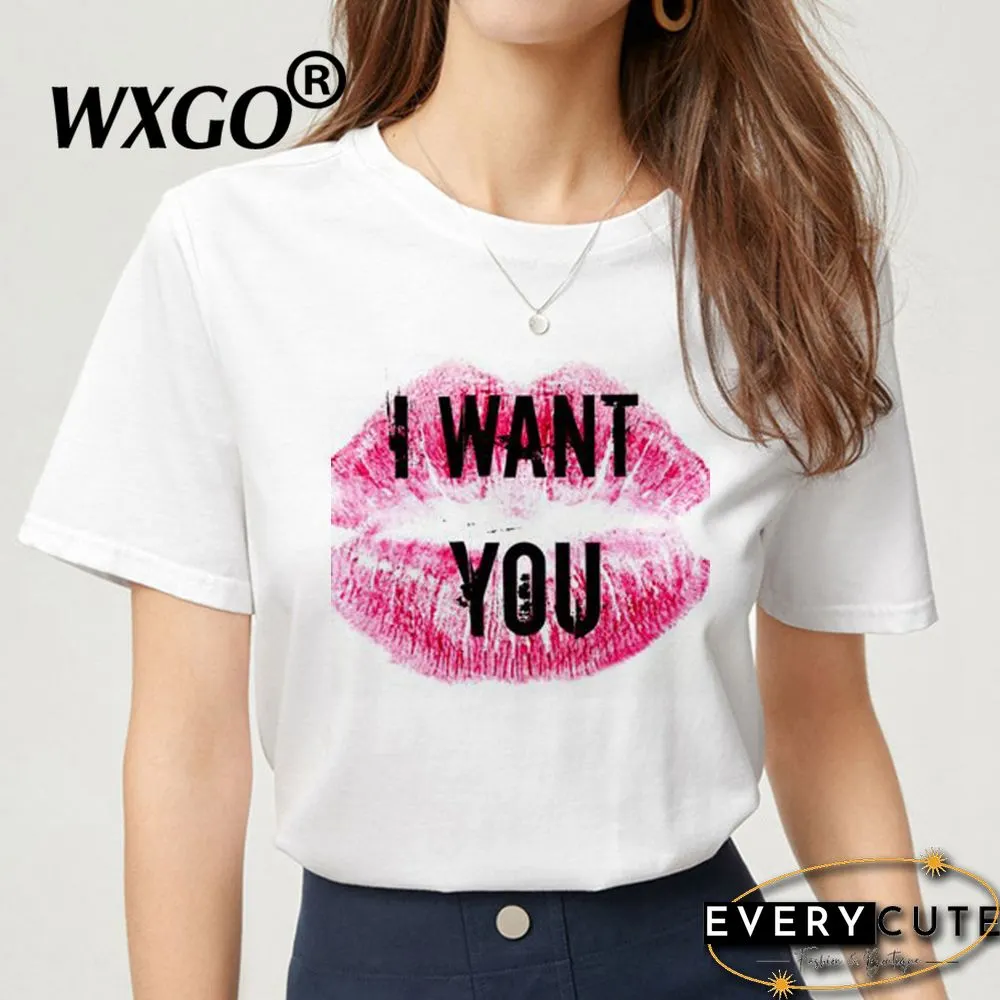 Love You Kiss Me Print Women T-shirt Kawail Crop Tops Sexy Short T Shirt For Women Graphic Tees Female Aesthetic Harajuku