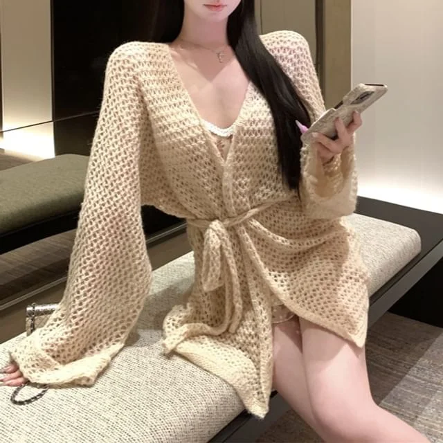 Plain Mini V-Neck Bodycon / Print Spaghetti Strap Flower Dress Cardigan Crochet