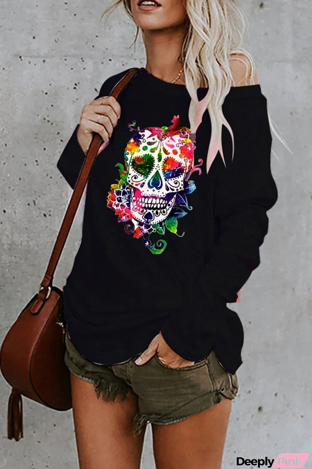 Black Fashion Street Print Split Joint O Neck Tops