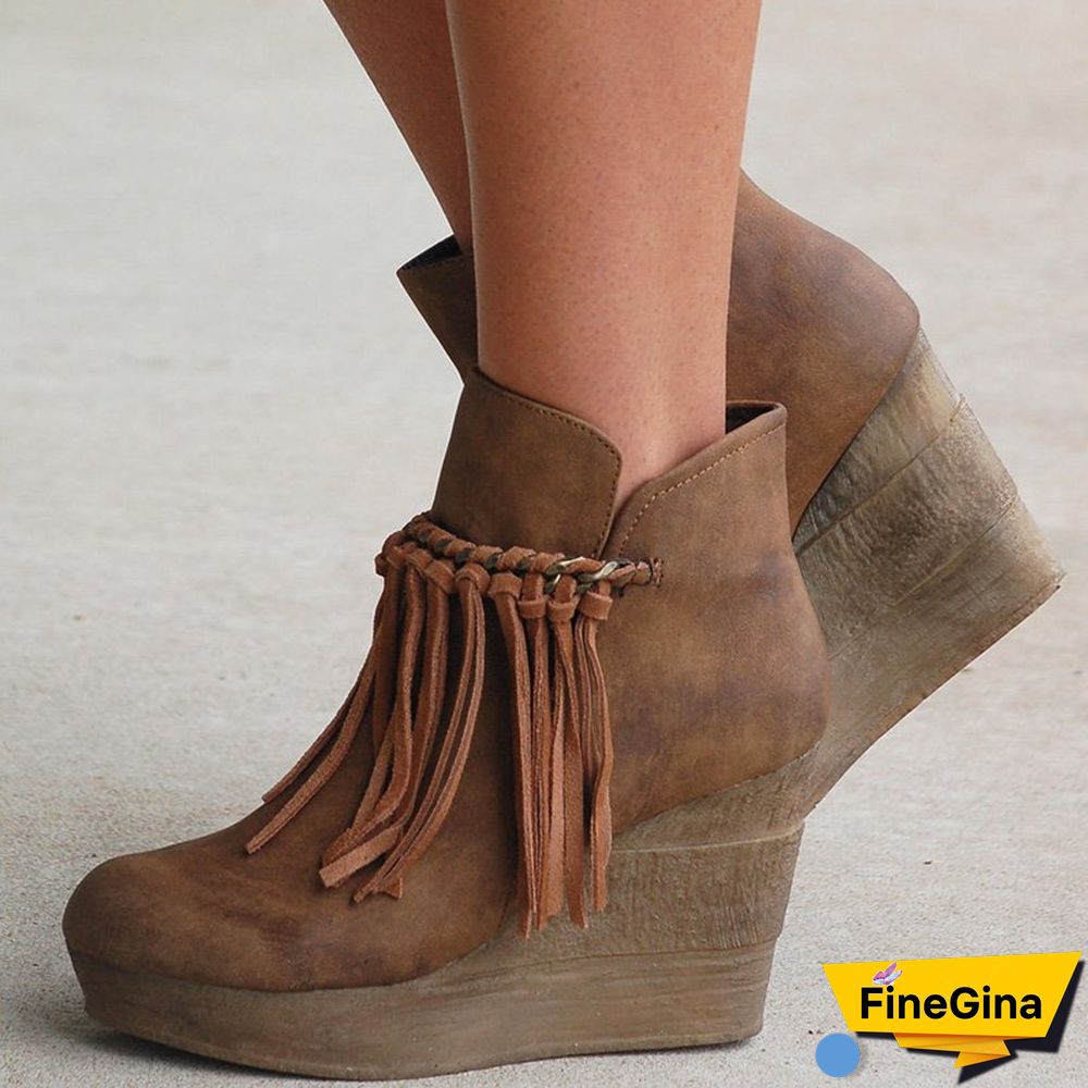 Wedge Booties Artificial Leather Tassel Boots Wedge Heel Zipper Shoes