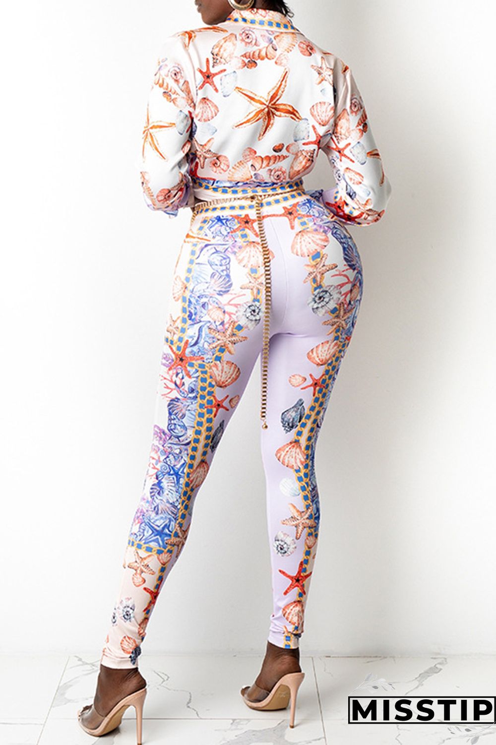 Purple Fashion Casual Print Basic Turndown Collar Long Sleeve Two Pieces