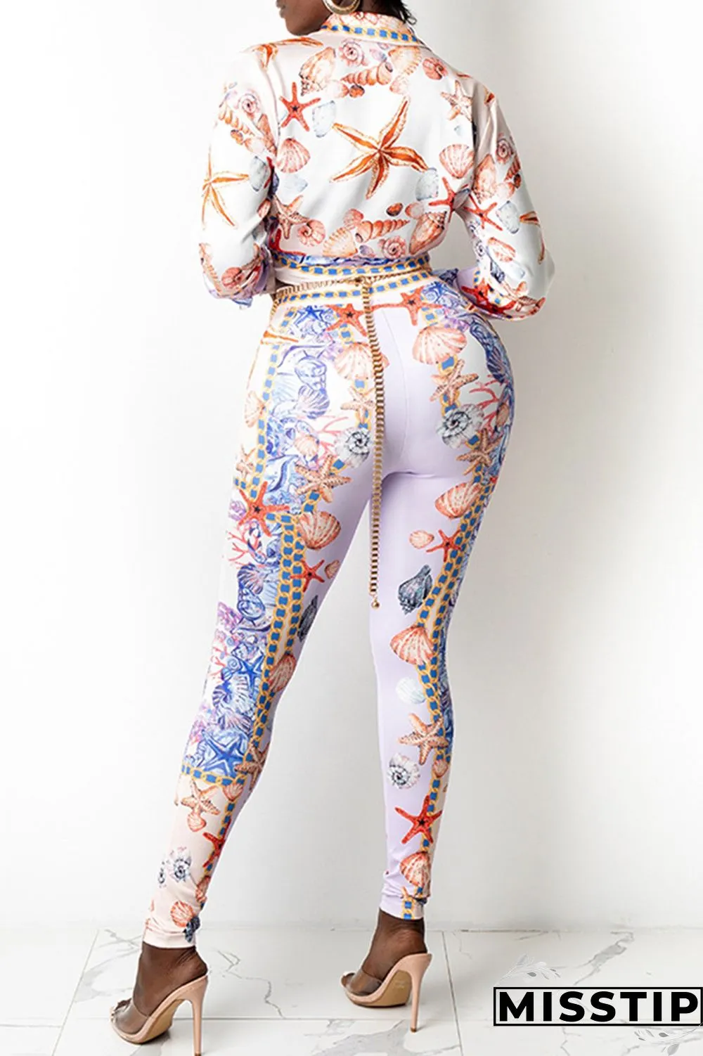 Purple Fashion Casual Print Basic Turndown Collar Long Sleeve Two Pieces