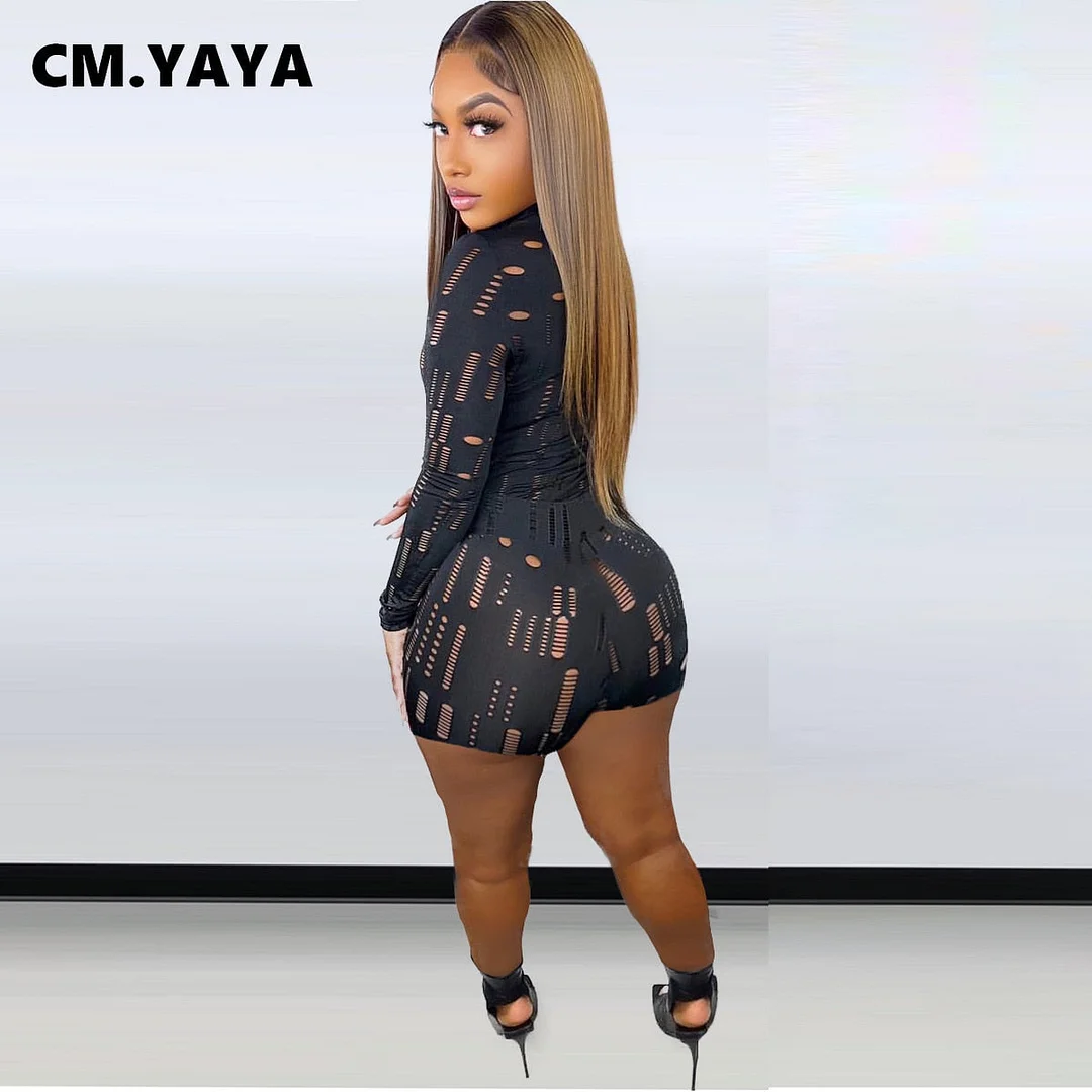 CM.YAYA Hole Active Women Set Long Sleeve T-shirt and Shorts Suit Sport Tracksuit Two Piece Set Fitness Outfit Black Tracksuit