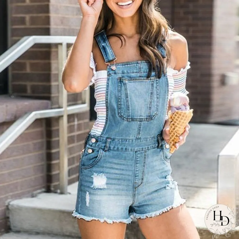 Womens Fashion Denim Jumpsuit Summer Solid Color Ripped Jeans Romper Shorts Female Raw