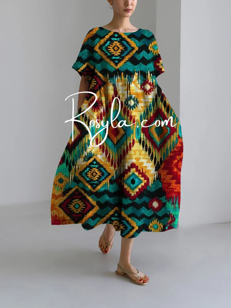 Women's Retro Ethnic Print Loose Round Neck Medium Length Skirt Dress