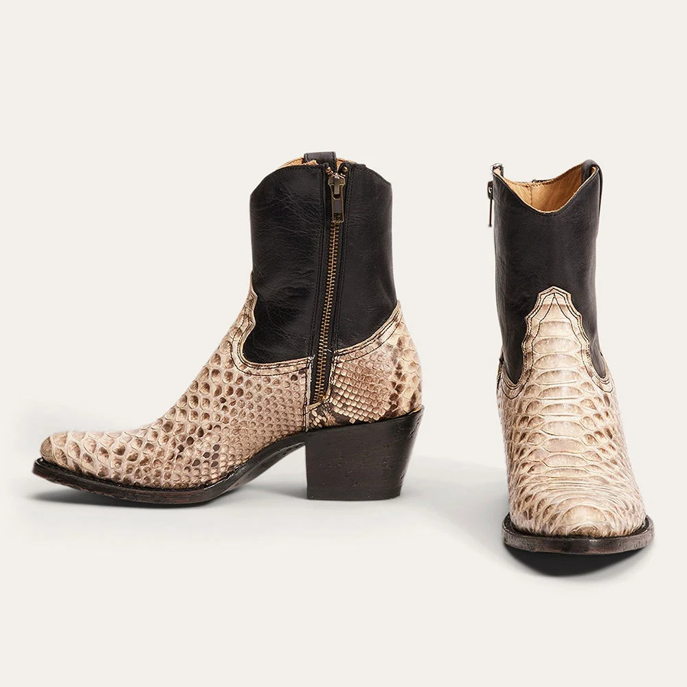 Python-Embossed Patchwork Almond Toe Chunky Heel Short Cowgirl Boots