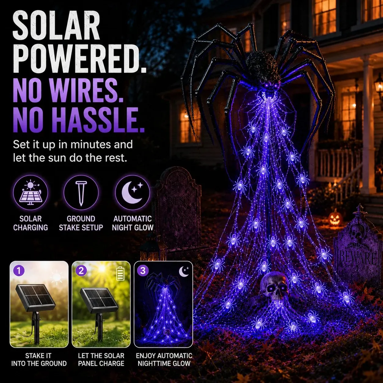 Solar powered Halloween spider yard light showing solar charging, ground stake setup and automatic night glow