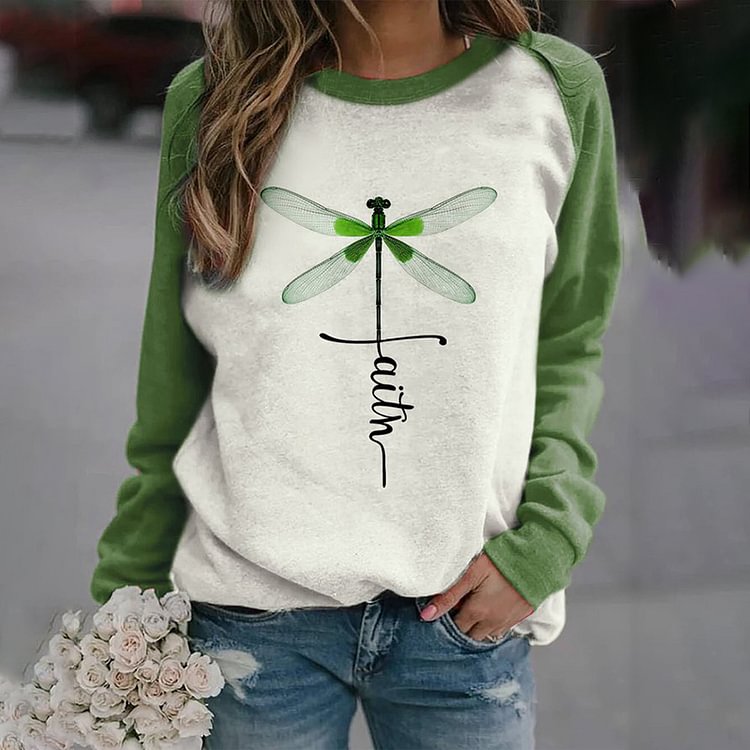 Comstylish Casual Long Sleeve Dragonfly Print Sweatshirt