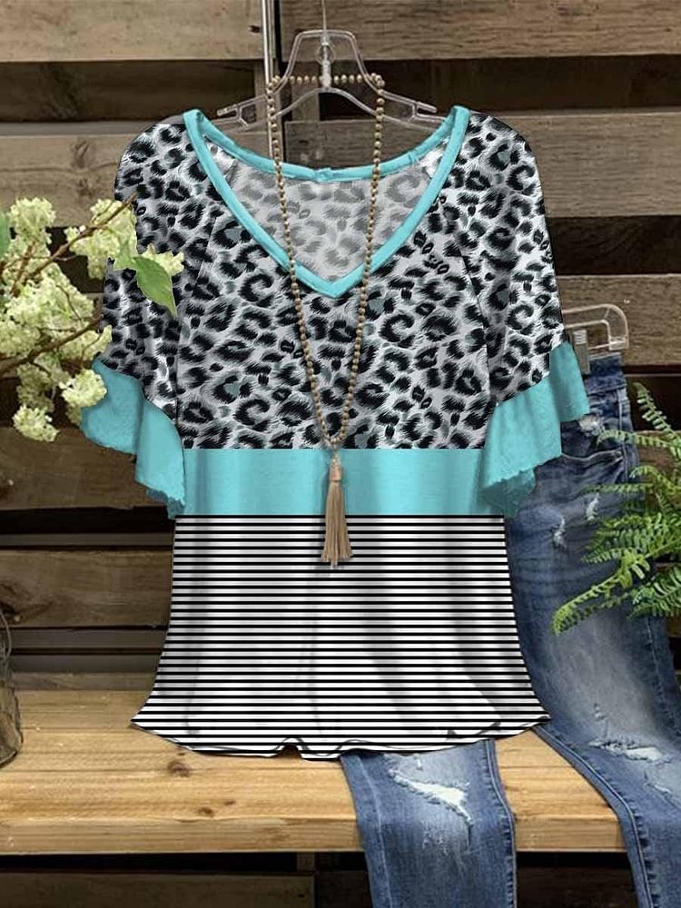 Women's Multicolor Leopard Print Striped Short Sleeve Top