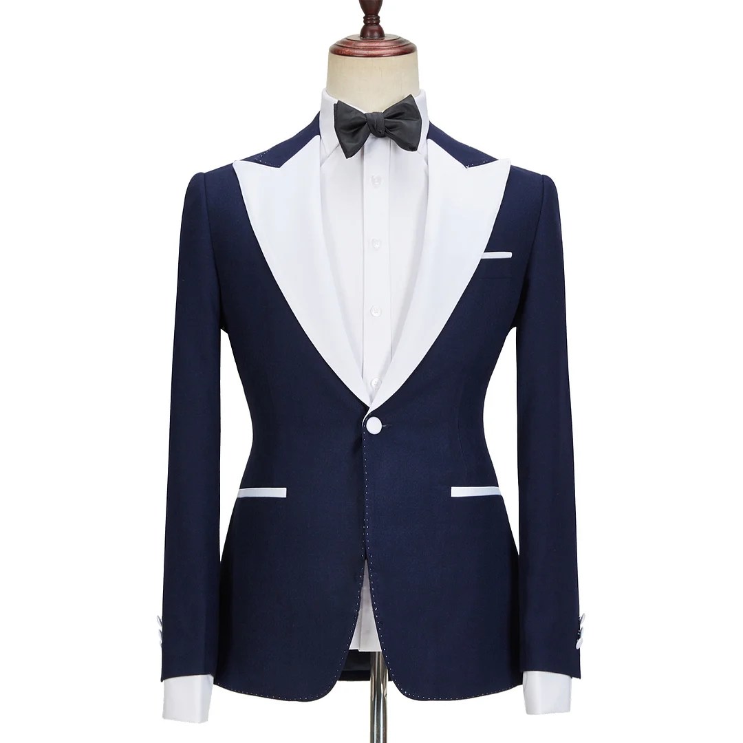 Tyler Navy Blue Peaked Lapel Easy Fit  Three Pieces Men suits