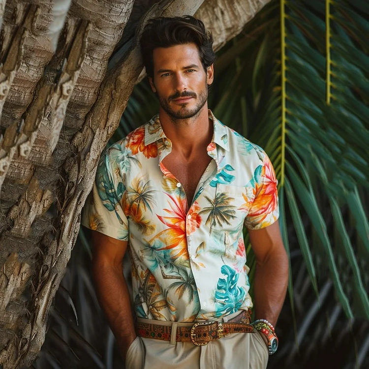 Simpfit Herren Retro Kokosnussblatt Muster Urlaubshemd