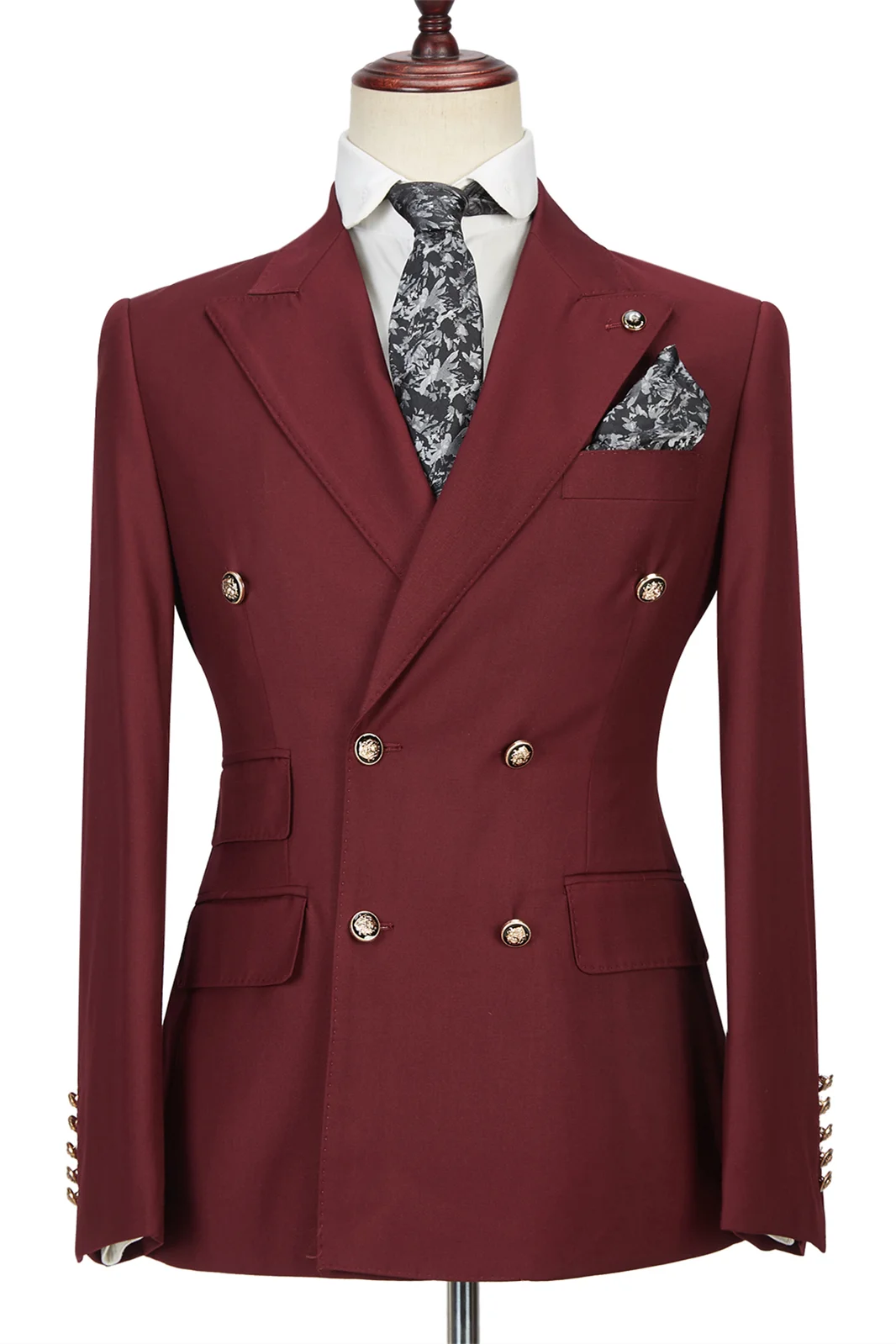 Glamorous Burgundy Groomsmen Outfits Peak Lapel With Double Breasted Gentle