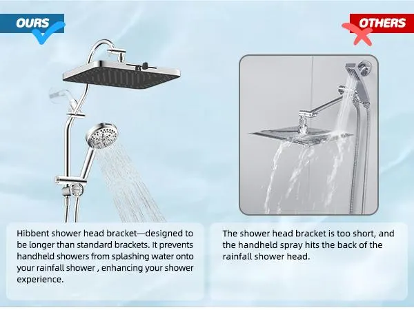 Hibbent Upgraded Chrome Fixed Shower Head Combo - 13'' Easy Reach High Pressure Rainfall Shower, 5-Jet Fixed Showerhead, 10-Mode Handheld, 12'' Extension Arm, 4-Way Diverter, 71'' Hose, Holder, cUPC Certified (Multi-Spray, Adjustable), Jets Fixed Showerhe