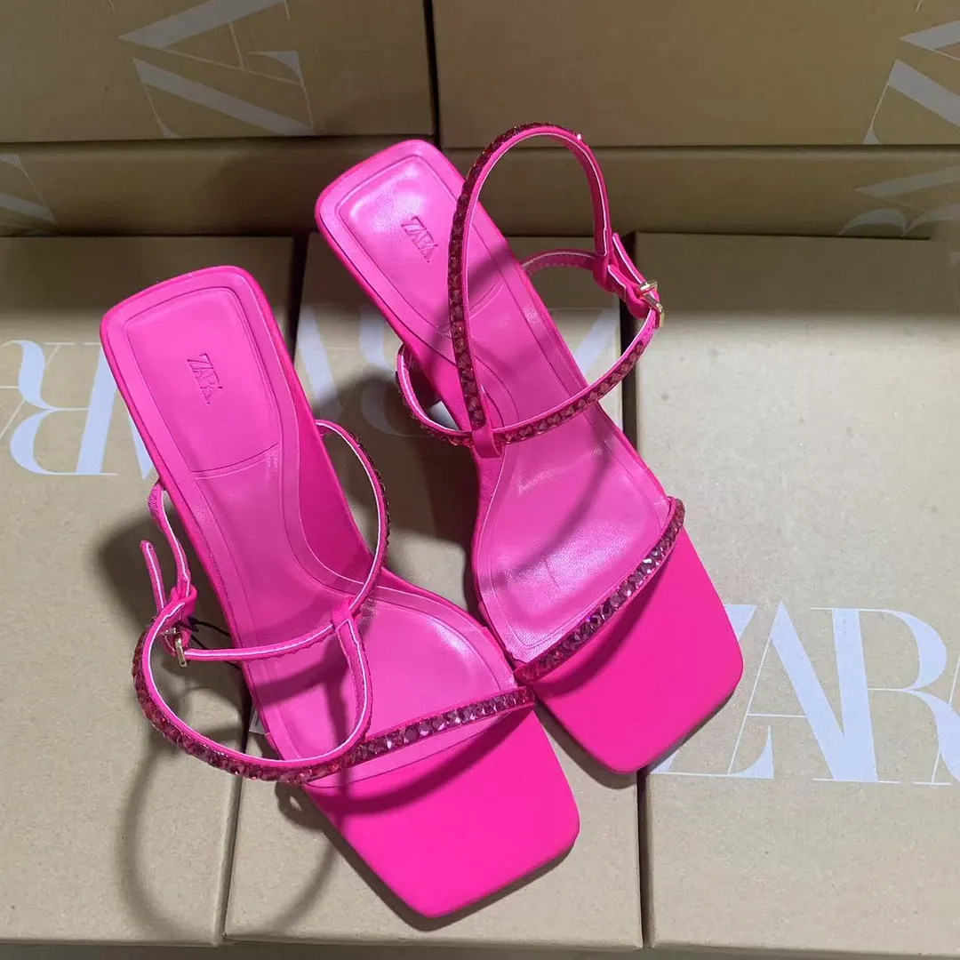 Breakj Breakj Spring New Women's Shoes Red Diamond Decoration French High Heels Square With Sandals